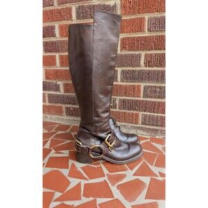 Donald J. Pliner 'Adait' Knee High Harness Leather Moto Boots-Brown-Sz 8.5/9